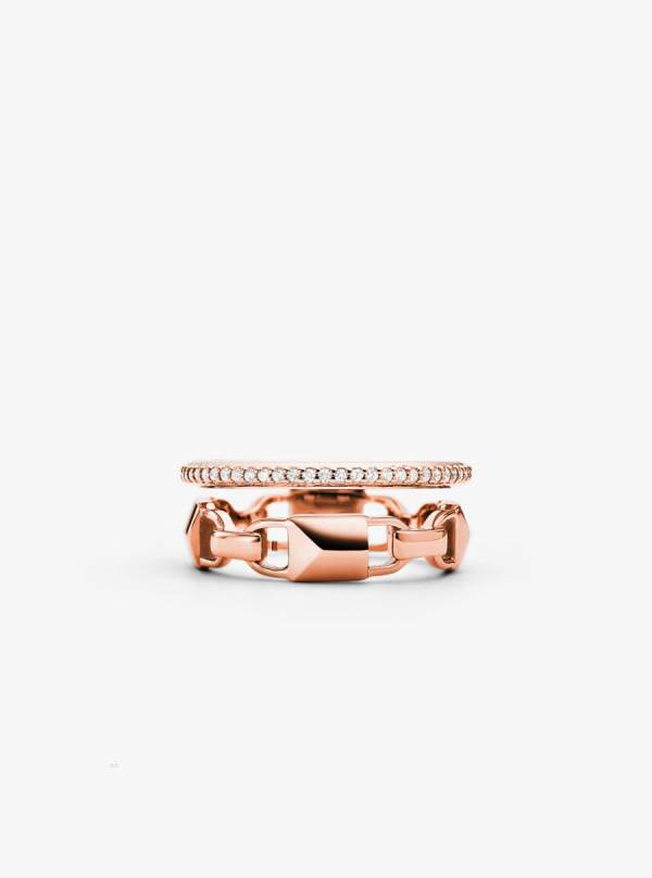 Damske Prstene Michael Kors Precious Metal-Plated Sterling Silver Mercer Link Pavé Halo Ruzove Zlate - Šperky Michael Kors Vypredaj | RATVQ-8635